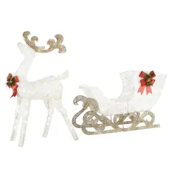 48" White Sisal Reindeer Pulling Sleigh with 140 Cool White LED Lights