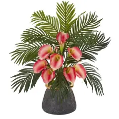2ft. Calla Lily & Areca Palm Artificial Arrangement in Stoneware Vase Pink