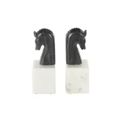 7" Black Marble Horse Distressed Decorative Bookends with White Block Bases, 2ct.