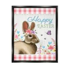 Stupell Industries Happy Easter Floral Gingham Rabbit Floater Framed Art Black
