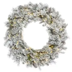 30" Pre-Lit Flocked Kiana Artificial Christmas Wreath, Warm White Wide Angle LED Lights