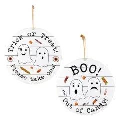 12" White Hanging Double-Sided Trick or Treat/Out of Candy Round Plank Sign