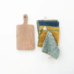 Hello Honey&reg; Multicolor Cotton Waffle Weave Dishcloths on a Mango Wood Board