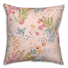Butterfly Bird Floral Square Throw Pillow Pink