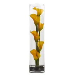 18" Yellow Mini Calla Lily Arrangement in Cylinder Glass Vase