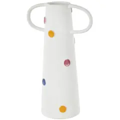 16" White & Multicolor Spots Slim Cone Ceramic Decorative Vase with Handles