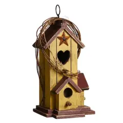 Glitzhome&reg; 11.5" Yellow Washed with Rattan Distressed Wood Cottage Birdhouse