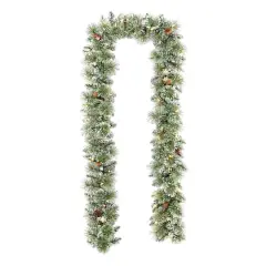 Glitzhome&reg; 9ft. Pre-Lit Frosted Greenery Pinecones Christmas Garland with Timer