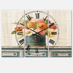 Designart Tulips In Teal And Gold Hatbox On Linen Multipanel Wall Clock