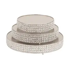 Glam Round Silver Metal and Glass Bead Cake Stand, Set of 3, 3"