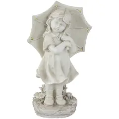 18" Solar LED-Lit Girl with Umbrella Outdoor Garden Statue