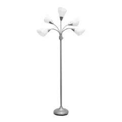 Simple Designs&trade; 5.6ft. 5-Light Gooseneck Silver Floor Lamp White Shades