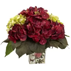 11" Green & Burgundy Hydrangea Arrangement in Floral Vase