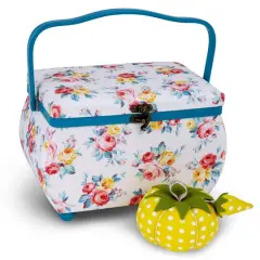 Dritz&reg; Bright Floral Medium Curved Sewing Basket With Tomato Pincushion