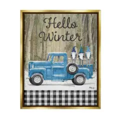 Stupell Industries Hello Winter Plaid Gnomes Gold Framed Floater Canvas Wall Art