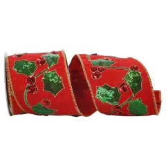 JAM Paper 4" x 5yd. Red Sequin Holly Berry Dupioni Wired Ribbon