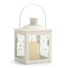 4.75" Small White Square Candle Lantern with Leaves
