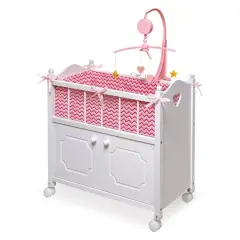 Badger Basket White Cabinet Doll Crib with Pink & White Chevron Bedding