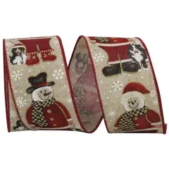 JAM Paper 2.5" x 10yd. Snowman Santa & Dog Linen Wired Ribbon