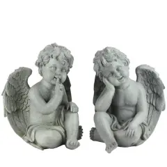 12.5" Distressed Gainsboro Gray Sitting Cherub Angels Outdoor Garden Statues