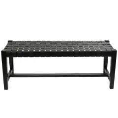 47" Black Leather Handmade Woven Seat Bench
