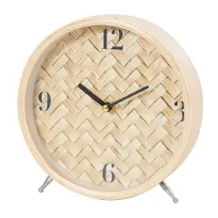 7" Light Brown Wood Woven Chevron Patterned Clock with Silver Legs