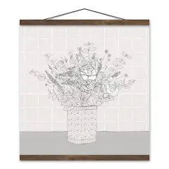 Neutral Floral Vase Teak Hanging Canvas