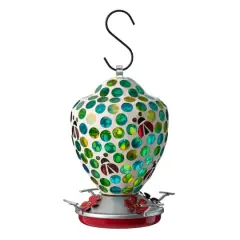 Glitzhome&reg; 8.25" Blue & Green Dots & Ladybugs Glass Hanging Bird Feeder