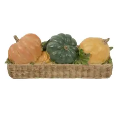 15" Faux Rattan Basket with Pumpkins Thanksgiving Tabletop Decoration