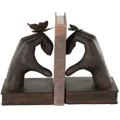 7.5" Dark Brown Hands Heart Inspired Decorative Bookend Set with Butterfly & Copper Accents