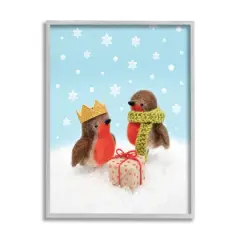 Stupell Industries Birds Gift Giving Christmas Snow Framed Giclee Art Gray