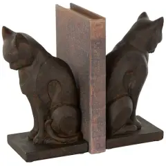 7.75" Dark Brown Cat Frowning Bookend Set with Copper Accents