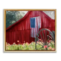 Stupell Industries Red Barn with American Flag Floater Framed Art Gold