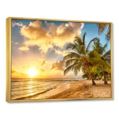 Designart - Gorgeous Beach of Island Barbados - Modern Seascape Framed Canvas Artwork Gold