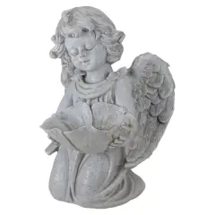 9.5" Heavenly Gardens Gray Distressed Kneeling Cherub Angel Bird Feeder Outdoor Garden Statue