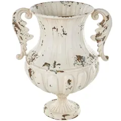 15.25" Cream Metal Vintage Amphora Vase with Brown & Teal Distressing