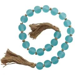 45" Handmade Round Frosted Glass Bead Garland with Tassels & Knotted Jute Light Teal