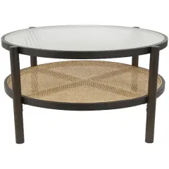 34" Brown Rattan Coffee Table with Pressed Tempered Glass Top