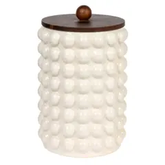 Hello Honey&reg; White Raised Dots Stoneware Canister with Acacia Wood Lid