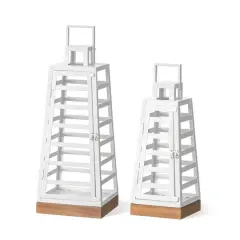 Glitzhome&reg; White Modern Trapezoid Metal & Wood Lanterns Set