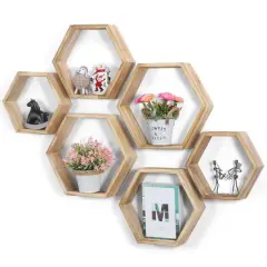 NEX&trade; Light Brown Hexagon Floating Wood Shelves Set