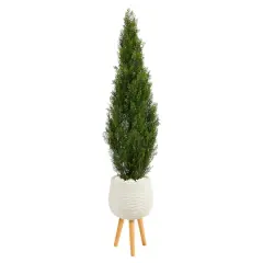 5ft. Cedar Artificial Tree in White Planter with Stand (Indoor/Outdoor)