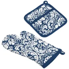 DII&reg; Damask Oven Mitt & Potholder Set Nautical Blue