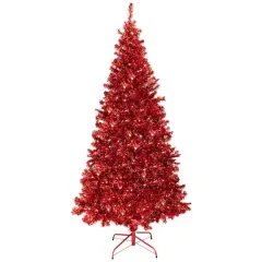 7ft. Pre-Lit Red Artificial Tinsel Christmas Tree, Clear Lights