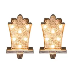 Glitzhome&reg; 8" Marquee LED Gift Box Wooden & Metal Stocking Holder Set