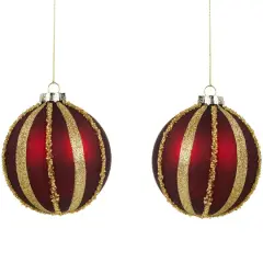 2ct. 4" Burgundy and Gold Striped Beaded Christmas Glass Ball Ornaments