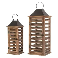 Modern Farmhouse Wooden Shutter Lantern Set, 25.5" & 19"