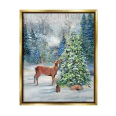 Stupell Industries Winter Woodland Animals Tree Framed Floater Canvas Wall Art Gold