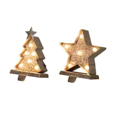 Glitzhome&reg; 8" Marquee LED Christmas Tree & Star Wooden & Metal Stocking Holder Set