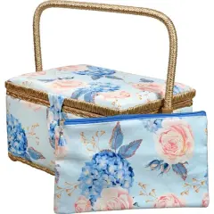 SINGER&reg; Large Blue Hydrangeas Print Sewing Basket with Matching Zipper Pouch